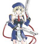  beret blazblue blonde_hair bolverk detached_sleeves dual_wielding gloves green_eyes gun handgun hat holding kuro_goma_(kakkou11) noel_vermillion short_hair solo weapon 