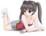  arm_support bare_shoulders belt black_eyes black_hair breasts cleavage cutoffs denim denim_shorts legs long_hair looking_at_viewer lying medium_breasts on_stomach original short_shorts shorts smile socks solo tama_(tama's_website) twintails 