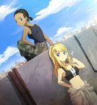  bad_id bad_pixiv_id black_hair blonde_hair blue_eyes dark_skin dutch_angle fullmetal_alchemist looking_back mechanic midriff multiple_girls navel paninya ponytail riru sitting tank_top tomboy winry_rockbell wrench 