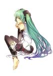  aqua_eyes aqua_hair barefoot belt elbow_gloves feet fingerless_gloves gloves hatsune_miku hatsune_miku_(append) long_hair reika_(clovia_studio) solo thighhighs toeless_legwear twintails very_long_hair vocaloid vocaloid_append 