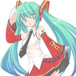  aqua_eyes aqua_hair detached_sleeves famicom game_console hatsune_miku long_hair mitsuyuki_yuzuna necktie salute simple_background skirt solo twintails very_long_hair vocaloid 