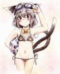  adjusting_goggles animal_ears bad_id bad_pixiv_id ball beachball bikini blush brown_eyes brown_hair cat_ears cat_tail chen goggles lowleg lowleg_bikini multiple_tails navel paw_print short_hair side-tie_bikini smile solo swimsuit tail touhou yana_(nekoarashi) 