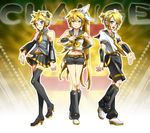 2girls akita_neru akita_neru_(cosplay) boots caffein color_connection cosplay costume_switch crossdressing hair_color_connection highres kagamine_len kagamine_len_(cosplay) kagamine_rin kagamine_rin_(cosplay) legs long_hair multiple_girls thigh_boots thighhighs very_long_hair vocaloid 