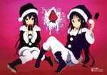  absurdres akiyama_mio black_eyes black_hair black_santa_costume boots brown_eyes christmas food fruit gift hat highres horiguchi_yukiko k-on! long_hair multiple_girls nakano_azusa nyantype official_art santa_costume santa_hat scan strawberry thighhighs twintails very_long_hair 