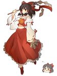  bad_id bad_pixiv_id blush brown_eyes brown_hair detached_sleeves dress gohei hair_ribbon hakurei_reimu ofuda one_eye_closed ribbon short_hair solo touhou uni_(gugurutan) yukkuri_shiteitte_ne 