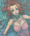  1girl aerith_gainsborough big_breasts breasts brown_hair cleavage dress female final_fantasy final_fantasy_vii flower green_eyes koko-1109 koko_loveless large_breasts long_hair lowres lying solo 