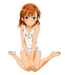  absurdres barefoot brown_eyes brown_hair falchion_(yangtuo) full_body hair_ornament hairclip highres misaka_mikoto one-piece_swimsuit school_swimsuit short_hair simple_background sitting solo swimsuit to_aru_kagaku_no_railgun to_aru_majutsu_no_index wariza white_background white_school_swimsuit white_swimsuit 