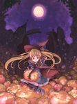  bad_id bad_pixiv_id blonde_hair boots cape elbow_gloves full_moon gloves halloween hat highres jack-o'-lantern long_hair moon night original pumpkin smile solo usami_miki witch_hat 