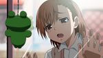  against_glass blurry blush brown_eyes brown_hair crane_game depth_of_field frog gekota hair_ornament hairclip md5_mismatch misaka_mikoto open_mouth red_eyes school_uniform solo suzuki_yuuhane to_aru_kagaku_no_railgun to_aru_majutsu_no_index wallpaper window 