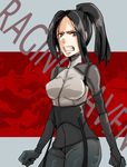  1girl angry bangs black_hair bodysuit breasts brown_eyes female konami long_hair m108964 metal_gear metal_gear_(series) metal_gear_solid metal_gear_solid_4 ponytail raging_raven solo 