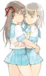  brown_eyes brown_hair closed_eyes copyright_request hair_ribbon hug kage_yuu multiple_girls ribbon school_uniform sketch skirt yuri 