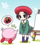  adeleine brown_hair chibi easel floating gameplay_mechanics green_eyes halftone halftone_background hat holding hone kirby kirby_(series) loose_socks maxim_tomato paintbrush pleated_skirt short_hair skirt socks speech_bubble spoken_food standing star 