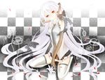  albino alternate_color bad_id bad_pixiv_id bow checkered checkered_background elbow_gloves flower gloves hatsune_miku long_hair necktie petals seiza sitting skirt solo thighhighs very_long_hair vocaloid yuna_(rutera) 