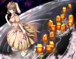  afloat_lantern animal_ears brown_hair bunny_ears bunny_tail carrot carrot_necklace cherry_blossoms dress dutch_angle flower inaba_tewi jewelry lantern necklace paper_lantern pendant red_eyes ripples solo sugiyuu tail touhou tree wading water 
