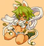  animal_ears aoneko bad_id bad_pixiv_id bangs bare_shoulders belt beryl_(shinrabanshou) black_bra blue_panties blush boots bra cat_ears cat_tail dark_skin fingerless_gloves flat_chest full_body gloves green_eyes green_hair groin lingerie multiple_tails navel open_mouth panties shinrabanshou short_hair shorts simple_background sitting solo striped striped_panties tail tears underwear unzipped 