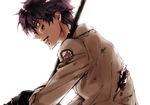  angel_beats! backlighting blood emblem from_side h_sueun injury long_sleeves male_focus noda_(angel_beats!) profile purple_hair simple_background solo upper_body white_background zelovel 