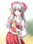  bad_id bad_pixiv_id bamboo bamboo_broom bow broom brown_hair cosplay detached_sleeves food food_on_face hair_bow hair_tubes hakurei_reimu hakurei_reimu_(cosplay) idolmaster idolmaster_(classic) long_hair midriff red_eyes shijou_takane solo totokichi touhou white_hair 