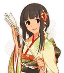  annindoufu_(oicon) arrow bell black_hair brown_eyes hair_ornament hamaya japanese_clothes kanzashi kimono new_year obi open_mouth original sash sidelocks simple_background solo upper_body 