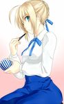  ahoge aqua_eyes artoria_pendragon_(all) black_legwear blonde_hair bowl braid chopsticks fate/stay_night fate_(series) food food_on_face hair_bun hair_ribbon long_sleeves pantyhose ribbon rice ryou_(pixiv779953) saber sitting solo 