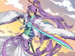  blue_eyes headphones headset kamui_gakupo katana long_hair male_focus ponytail purple_hair sky smile solo sword usarika vocaloid weapon 