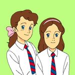  90s brown_hair hair_ribbon hairband isabelle_o'sullivan japoor lowres multiple_girls necktie oekaki patricia_o'sullivan ponytail ribbon siblings simple_background sisters smile the_twins_of_st._clare's twins 