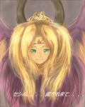  1girl blonde_hair crown female final_fantasy final_fantasy_iv green_eyes horns kyuri long_hair monster queen_eblan queen_eblan_(cosplay) rosa_farrell smile solo tiara transformation very_long_hair 