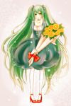  bouquet choker dress flower green_eyes green_hair hair_ribbon hatsune_miku high_heels highres long_hair pantyhose ribbon rineko shoes smile solo sunflower twintails very_long_hair vocaloid 