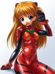  :d arm_support bangs blue_eyes bodysuit bosshi bracer breasts covered_nipples cowboy_shot gloves gradient gradient_background hair_ornament hand_up long_hair neon_genesis_evangelion number open_mouth orange_hair plugsuit red_bodysuit shiny shiny_clothes sitting small_breasts smile solo souryuu_asuka_langley turtleneck waving 