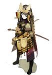  armor black_eyes crossdressing eyepatch helmet japanese_armor kabuto katana kusazuri okama original samurai sheath sheathed simple_background solo sword weapon 