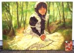  bangs black_dress dress forest hands_together lips long_sleeves maid maid_headdress momiji_mao nature original outdoors ree smile solo v_arms 