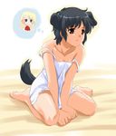  animal_ears barefoot black_hair brown_eyes chemise dog_ears feet noir short_hair sitting solo strap_slip umekichi v_arms wariza yuumura_kirika 