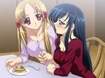  azuma_hatsumi azuma_hazuki bare_shoulders blonde_hair blue_eyes blue_hair blush butter casual chair food forehead fork hair_ribbon holding_hands long_hair long_sleeves multiple_girls pancake plate profile red_eyes ribbon sanshita sitting tress_ribbon yami_to_boushi_to_hon_no_tabibito yuri 