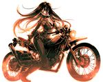  artist_request bodysuit collar copyright_request gloves ground_vehicle light long_hair monochrome motor_vehicle motorcycle orange_(color) simple_background solo 