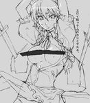  braid breasts greyscale izayoi_sakuya maid medium_breasts monochrome open_clothes open_shirt shirt solo tetsu_(kimuchi) touhou 