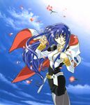  90s blue_hair cape flower gotou_keiji kidou_senkan_nadesico long_hair long_sleeves misumaru_yurika pantyhose solo uniform wind 