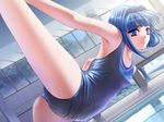  armpits blue_eyes blue_hair breasts dutch_angle flexible game_cg hiiro_yuki indoors leg_lift looking_at_viewer one-piece_swimsuit pool poolside reflection school_swimsuit sena_shiori shiny shiny_clothes short_hair small_breasts solo stretch swimsuit tree water wet window yuuguu_settai 