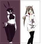  animal_ears artist_request ayame_(tenchu) bare_shoulders blue_eyes cat_ears contrapposto hair_over_one_eye hip_vent japanese_clothes kagura_(tenchu) kimono long_sleeves midriff multiple_girls navel ninja red_eyes short_kimono sleeveless standing tenchuu thighhighs wide_hips 