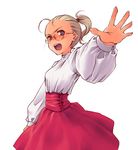 blonde_hair blue_eyes buttons cowboy_shot glasses high-waist_skirt long_sleeves open_mouth original outstretched_arm red_skirt shirt simple_background skirt solo torazou white_background white_shirt 
