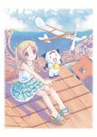  aircraft airplane barefoot bell blonde_hair blue_eyes blue_sky blush cloud cow_bell day hair_ribbon ocean on_roof original outdoors pop propeller ribbon rooftop sandals sky smile solo standing tile_roof water 