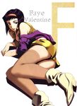  artist_request ass cowboy_bebop faye_valentine green_eyes hairband lying purple_hair smile solo thighhighs 