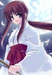  blue_eyes blush closed_fan fan folding_fan hakama japanese_clothes kyougoku_shin long_hair long_sleeves miko miyashiro_karin moon night outdoors petals ponytail red_hair red_hakama smile solo suigetsu 