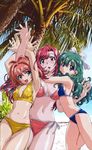  antenna_hair armpits arms_up beach bikini blue_eyes blush bow breast_press breasts cleavage day flat_chest green_hair hair_bow highres hug jumping kazami_mizuho long_hair mature medium_breasts miyafuji_miina multiple_girls navel onegai_twins onodera_karen open_mouth outdoors palm_tree photo_background pink_hair purple_eyes red_hair short_hair side-tie_bikini swimsuit tankini tree uon_taraku water wavy_hair 