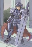  armor artist_request blue_eyes boots cape character_request copyright_request full_armor gloves greaves green_hair helmet huge_weapon pants pauldrons pillar short_hair solo sword tree weapon 