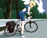  ahoge alternate_costume artoria_pendragon_(all) ass back bangs bare_shoulders bicycle blonde_hair chevrolet cloud day fate/stay_night fate_(series) from_side full_body green_eyes ground_vehicle guard_rail hair_bun hair_ribbon head_tilt leaning_forward leg_lift light_smile logo looking_at_viewer looking_back outdoors ribbon riding road saber shoes short_hair sidelocks sky smile sneakers socks solo tree unitard wristband 