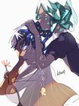  2others androgynous aqua_hair blue_hair colored_eyelashes crystal_hair dual_persona eyes_closed flower gem_uniform_(houseki_no_kuni) golden_arms green_hair head_hug houseki_no_kuni kawa_(ricopin35) multiple_others multiple_persona phosphophyllite phosphophyllite_(ll) see-through_sleeves short_hair signature spoilers white_eyes 