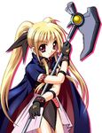  artist_request bardiche blonde_hair cape fate_testarossa long_hair lyrical_nanoha mahou_shoujo_lyrical_nanoha red_eyes solo twintails 