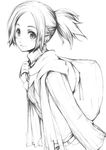  backpack bag blush center_part fujishima_(raving_phantom) greyscale monochrome original ponytail scarf sketch smile solo 