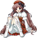  arm_support beret bloomers blush boots brown_hair cosplay dress drill_hair frilled_sleeves frills full_body green_eyes hair_ribbon hat heterochromia knee_boots long_hair looking_at_viewer plaid plaid_dress plaid_hat red_dress red_eyes ribbon rozen_maiden shinshin simple_background sitting solo suiseiseki underwear very_long_hair white_bloomers 