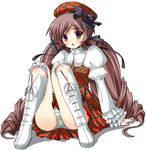  arm_support ass beret blush boots cosplay dress drill_hair frilled_sleeves frills full_body garters green_panties hair_ribbon hat heterochromia knee_boots long_hair long_sleeves panties pantyshot pantyshot_(sitting) plaid plaid_dress plaid_hat red_dress ribbon rozen_maiden shinshin simple_background sitting solo striped striped_panties suiseiseki twintails underwear very_long_hair white_background white_footwear 