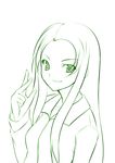  face fang green long_hair long_sleeves monochrome nakamura_kusata solo suzumiya_haruhi_no_yuuutsu tsuruya 